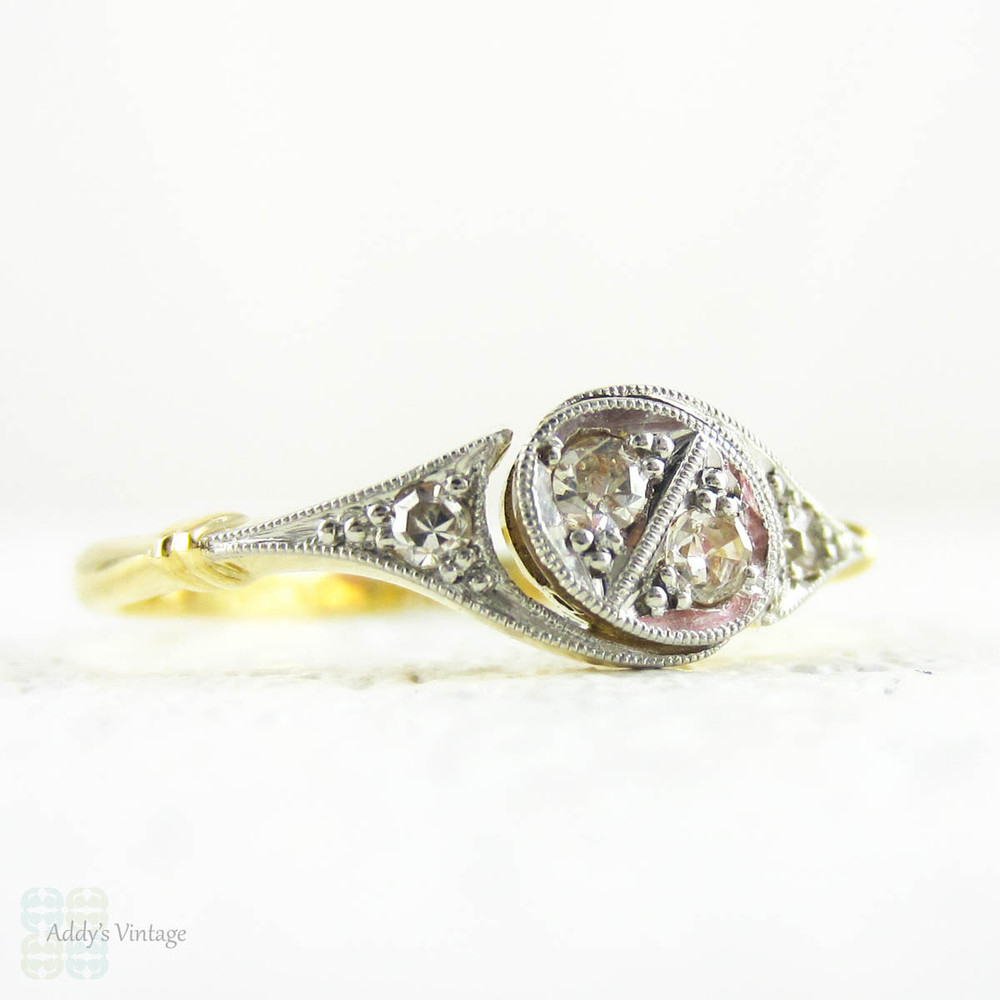 Art Deco Diamond Engagement Ring, Asymmetrical Design Four Stone Diamond Ring with Delicate Milgrain Beading, Circa 1920s.