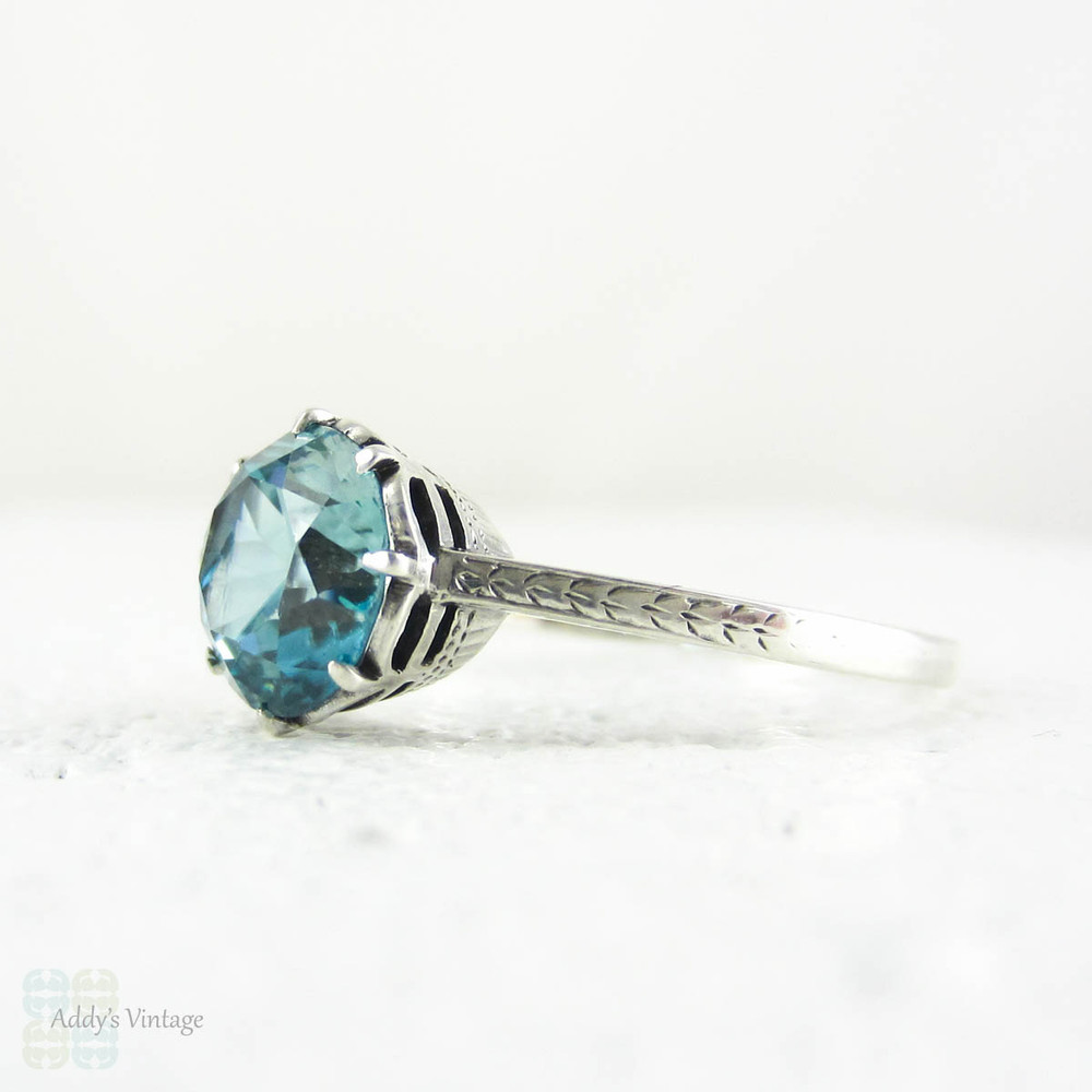 Vintage Blue Zircon Ring, Engraved 9 Carat White Gold Solitaire Engagement Ring. Mid Century, Circa 1940s.