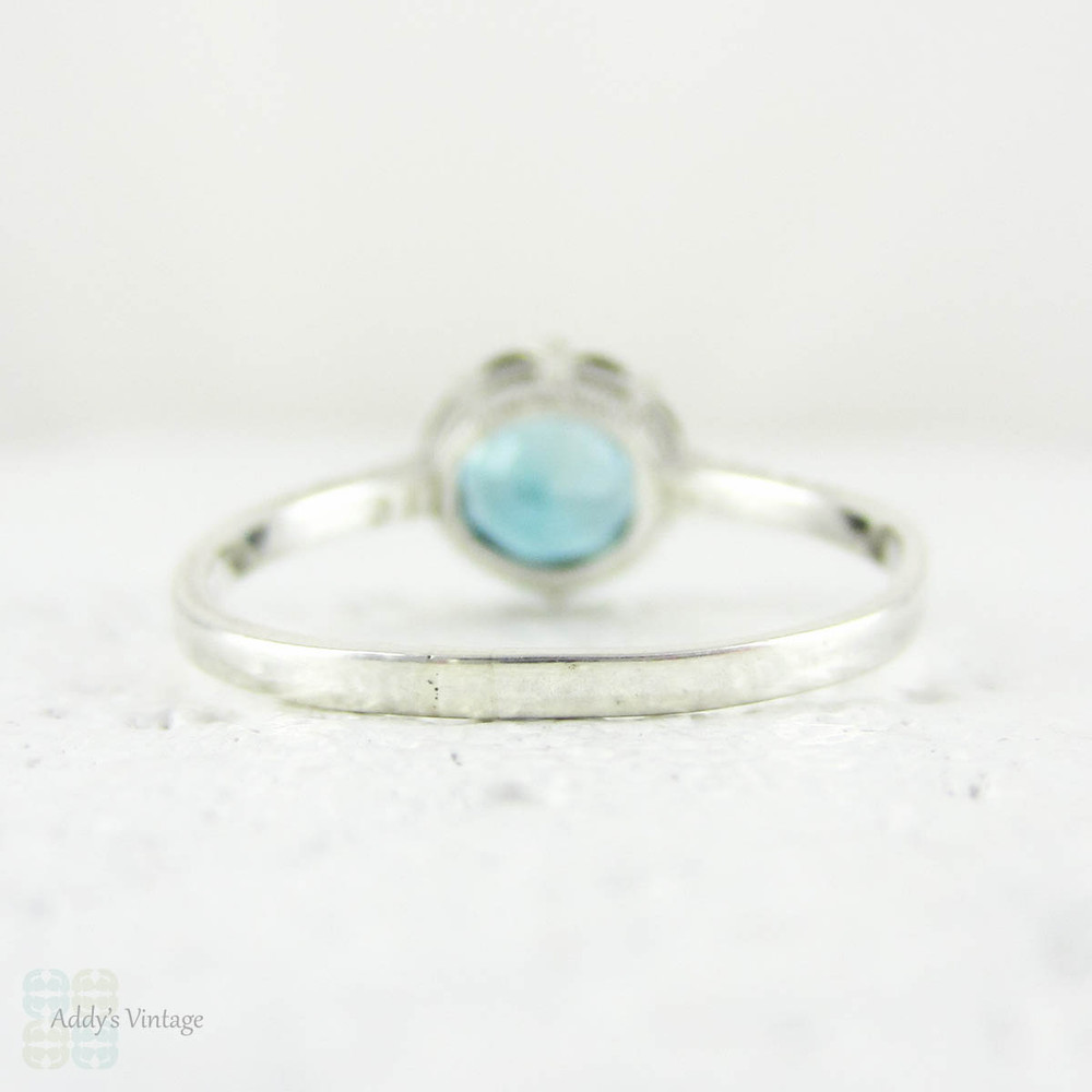 Vintage Blue Zircon Ring, Engraved 9 Carat White Gold Solitaire Engagement Ring. Mid Century, Circa 1940s.