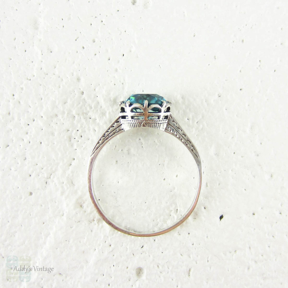 Vintage Blue Zircon Ring, Engraved 9 Carat White Gold Solitaire Engagement Ring. Mid Century, Circa 1940s.