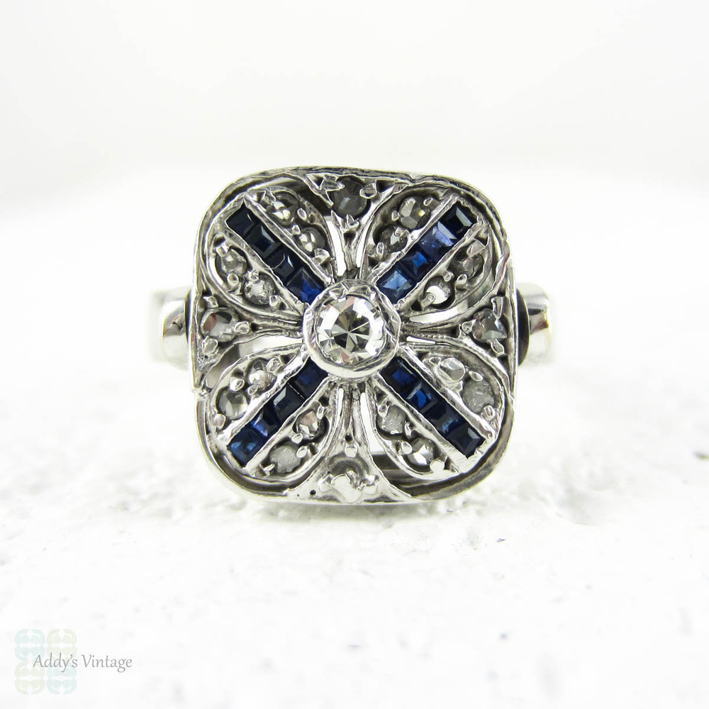 Art Deco Diamond & Sapphire Ring, Sqaure Shape Pave Set Panel Circa 1920s Conversion Ring in 14 Carat White Gold.