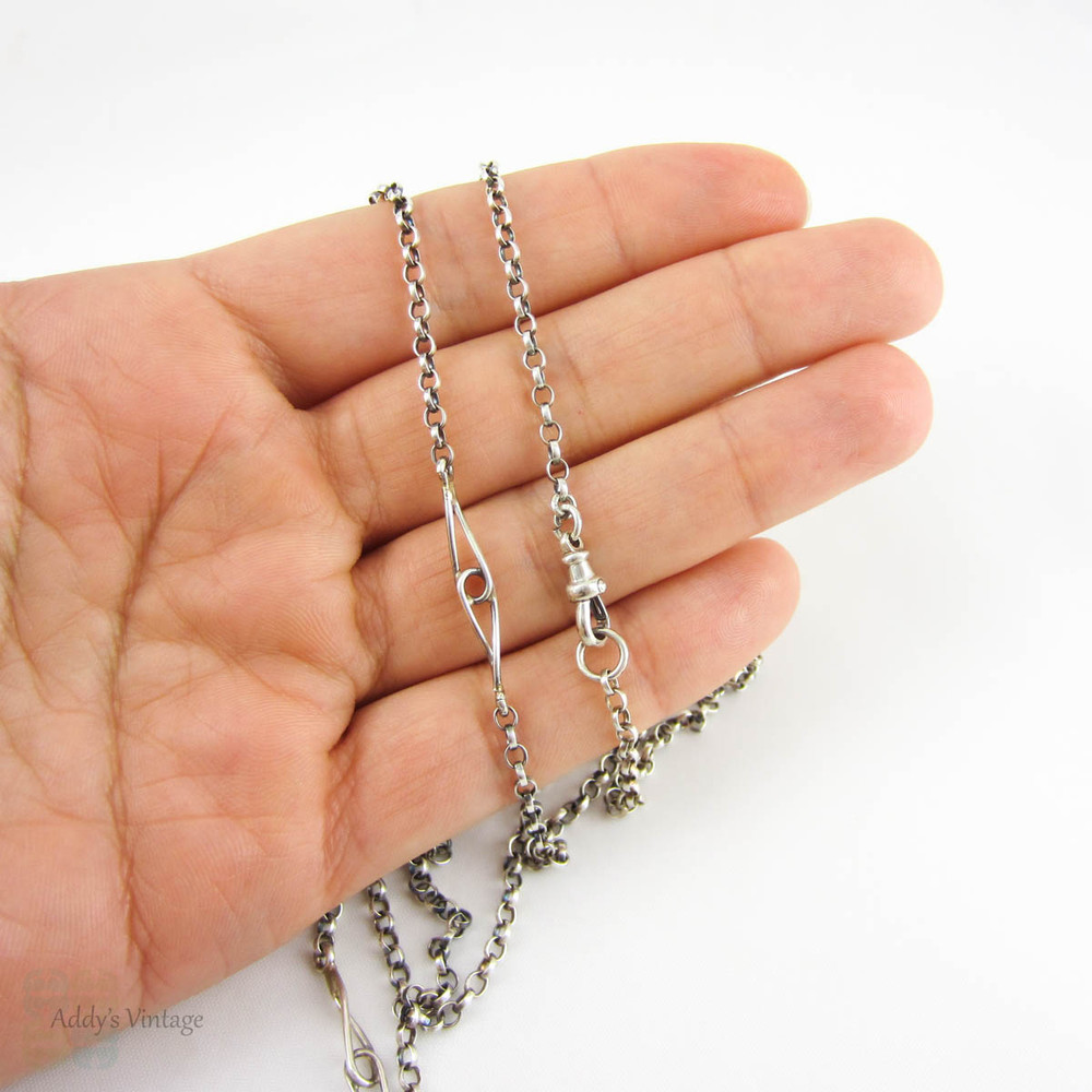 Antique Silver Muff Chain, Long Sterling Silver Guard Chain with Intertwined Fancy Links & Belcher Style Links. 94.5 cm / 37.2 inches, Circa 1910s.