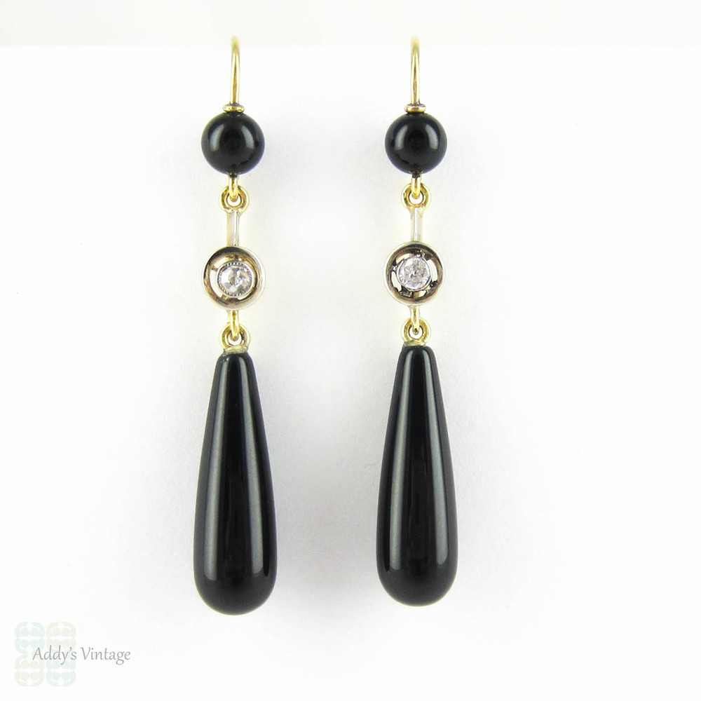 Antique Onyx & Diamond Earrings Set in 18 Carat Gold. Teardrop Shape Onyx Dangle Earrings with Old Mine Cut Diamonds, Circa 1900s.