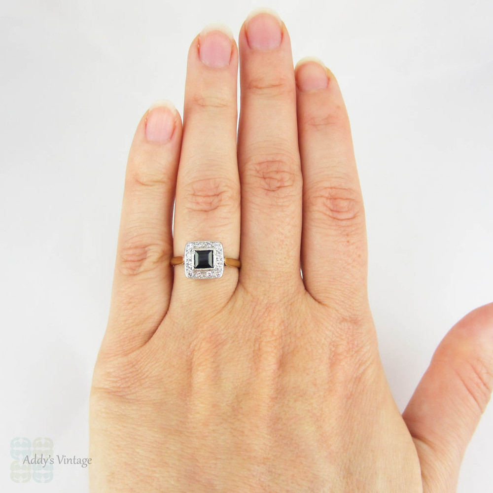 BALANCE. Sapphire & Diamond Engagement Ring, Art Deco Square Shape Blue Sapphire with Diamond Halo. Milgrain Detail,18ct Plat, 1930s.