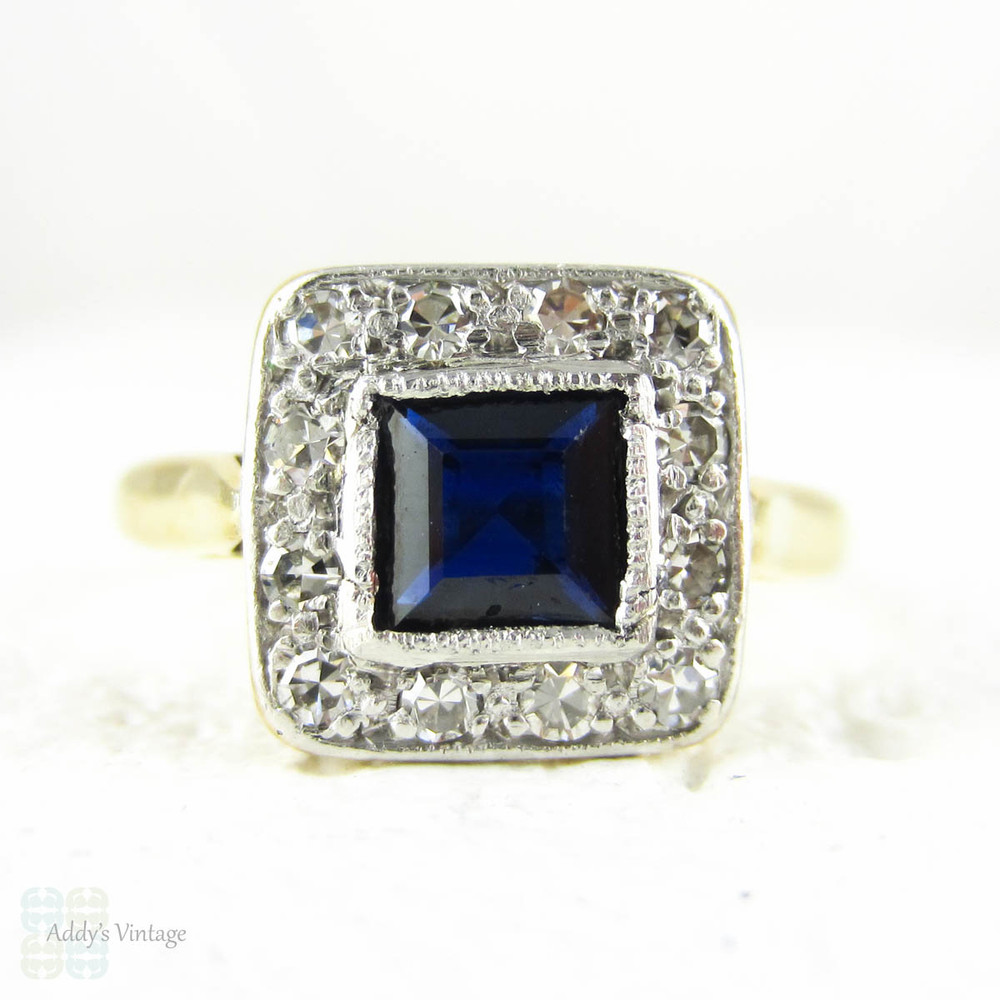 BALANCE. Sapphire & Diamond Engagement Ring, Art Deco Square Shape Blue Sapphire with Diamond Halo. Milgrain Detail,18ct Plat, 1930s.