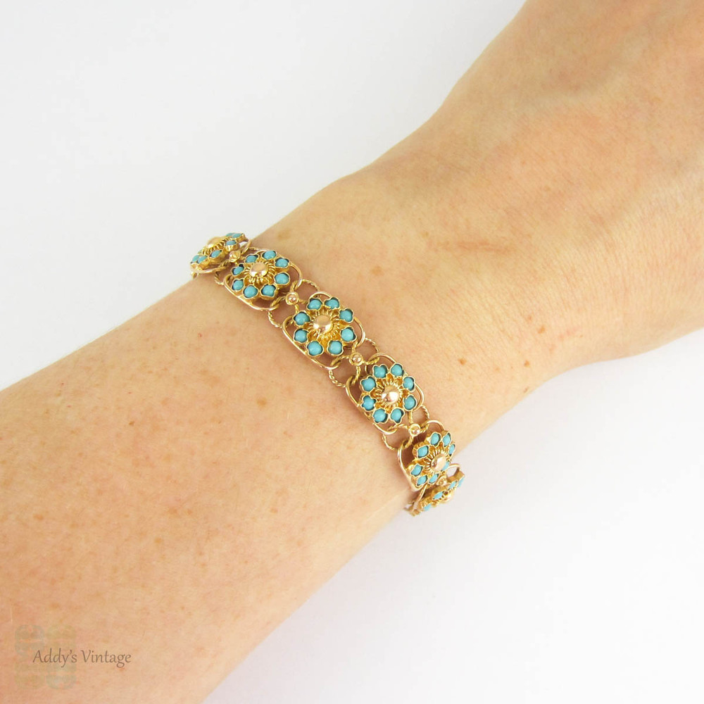 Victorian Turquoise Panel Bracelet, Antique 15 Carat Yellow Gold Link Bracelet with Floral Style Turquoise Inset Design, Circa 1890s.