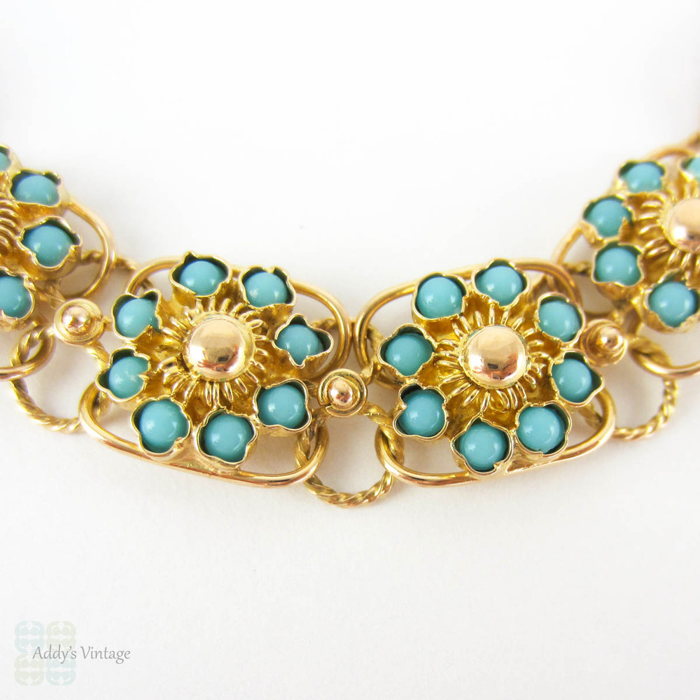Victorian Turquoise Panel Bracelet, Antique 15 Carat Yellow Gold Link Bracelet with Floral Style Turquoise Inset Design, Circa 1890s.
