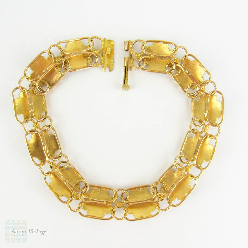 Victorian Turquoise Panel Bracelet, Antique 15 Carat Yellow Gold Link Bracelet with Floral Style Turquoise Inset Design, Circa 1890s.