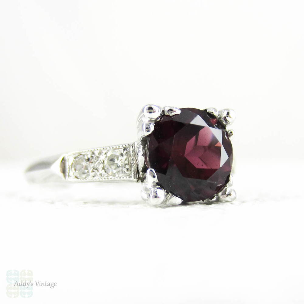 Art Deco Platinum Diamond Engagement Ring, Rhodolite Garnet in Fishtail Style Triple Claw 1930s Setting. Milgrain Beading with Knife Edge.