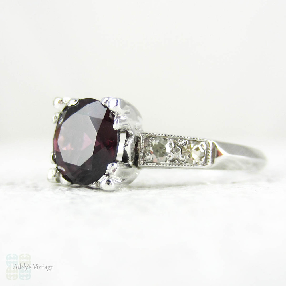 Art Deco Platinum Diamond Engagement Ring, Rhodolite Garnet in Fishtail Style Triple Claw 1930s Setting. Milgrain Beading with Knife Edge.