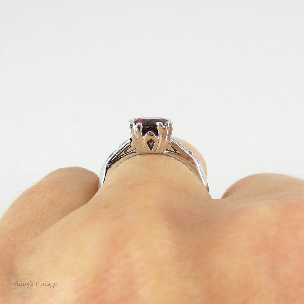 Art Deco Platinum Diamond Engagement Ring, Rhodolite Garnet in Fishtail Style Triple Claw 1930s Setting. Milgrain Beading with Knife Edge.