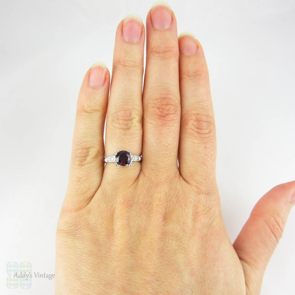 Art Deco Platinum Diamond Engagement Ring, Rhodolite Garnet in Fishtail Style Triple Claw 1930s Setting. Milgrain Beading with Knife Edge.