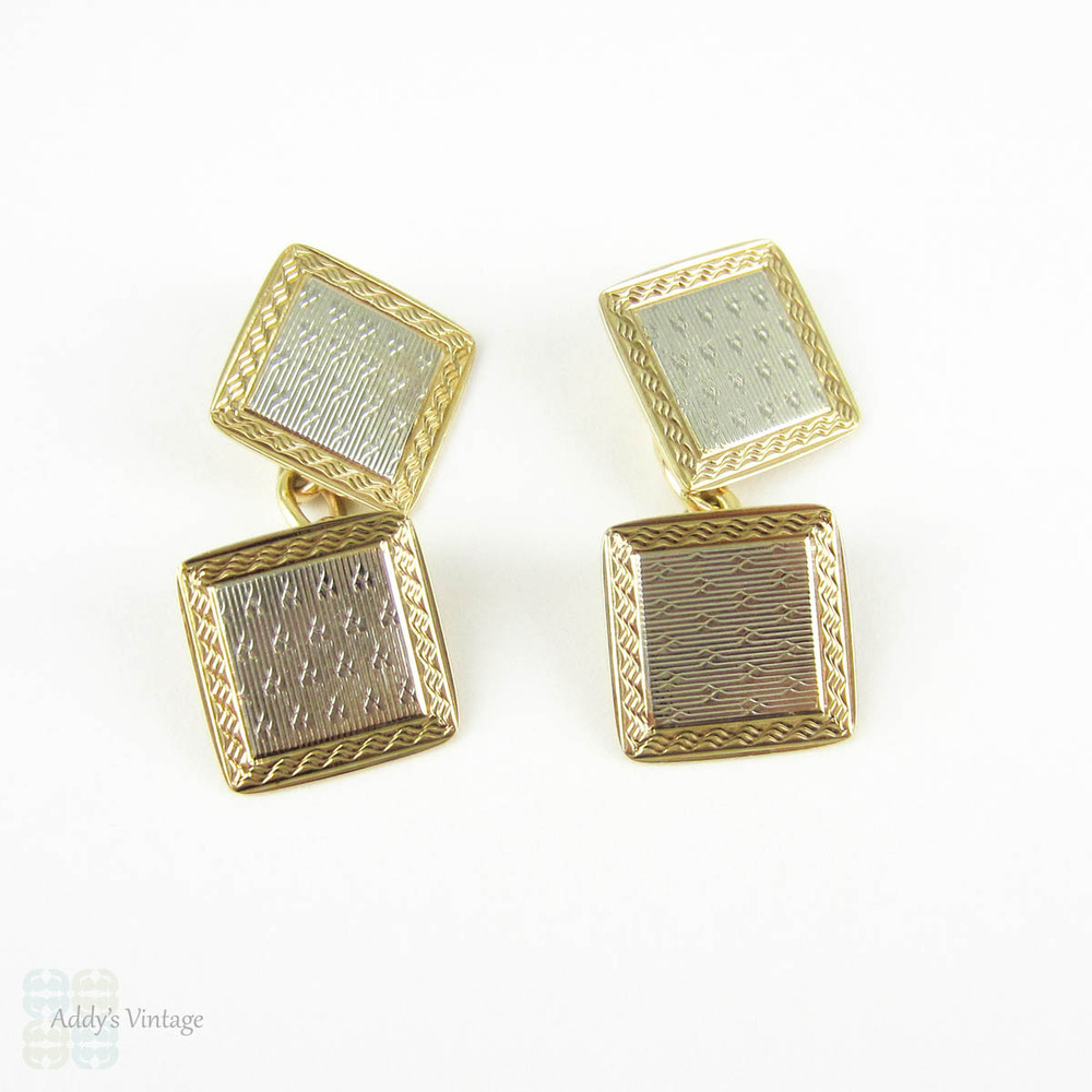 Vintage Gold Cuff Links. Men's 9 ct Yellow & 18ct White Gold Two Tone Engine Turned Square Shape Cufflinks. Circa 1930s - 1940s.