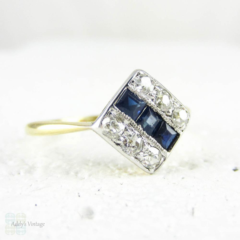 Art Nouveau Sapphire & Diamond Ring, Triple Row Square Shaped 1910s Ring Set with Blue Step Cut Sapphires & Old Cut Diamonds. 18 Carat Gold.