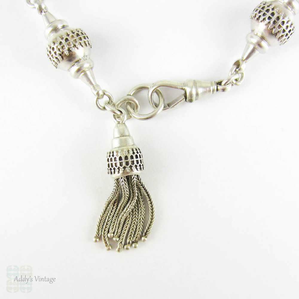 Victorian Sterling Silver Albertina, Antique Bracelet, Rope & Curb Chain Link Watch Chain with Tassel, Fancy Link and Dog Clip, Circa 1880s.