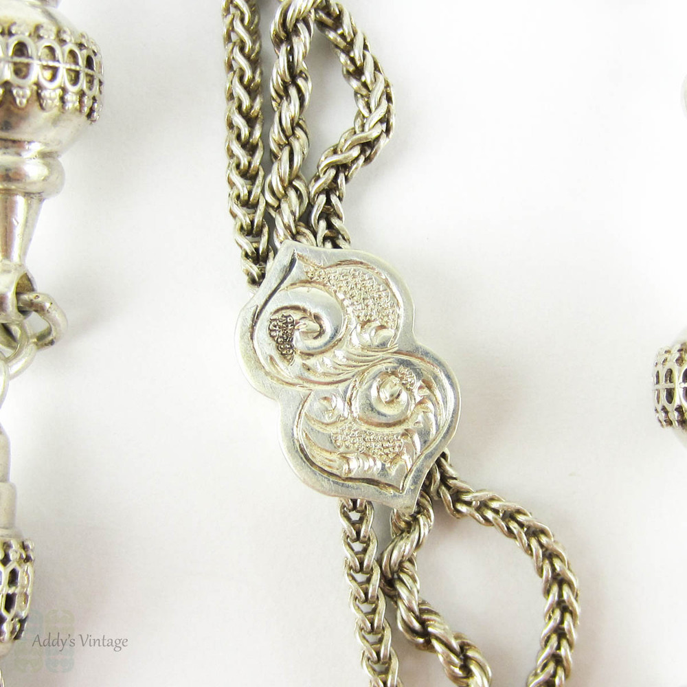 Victorian Sterling Silver Albertina, Antique Bracelet, Rope & Curb Chain Link Watch Chain with Tassel, Fancy Link and Dog Clip, Circa 1880s.