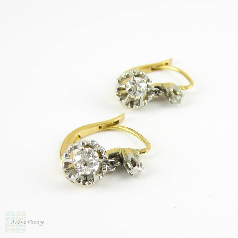 Victorian Diamond Earrings, Old European Cut Drop Earrings in 18 Carat Gold & Platinum. French Dormeuse Style Earrings, Circa 1880s.
