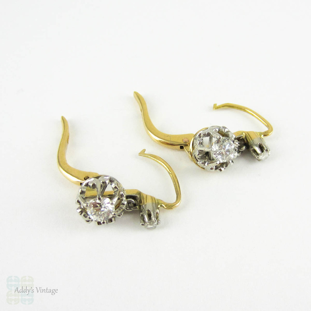 Victorian Diamond Earrings, Old European Cut Drop Earrings in 18 Carat Gold & Platinum. French Dormeuse Style Earrings, Circa 1880s.