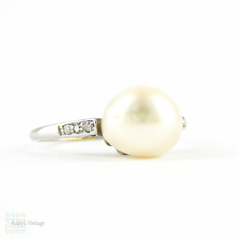 Antique Pearl & Diamond Engagement Ring. Edwardian Platinum Set White Cultured Pearl Ring. Circa 1900s.