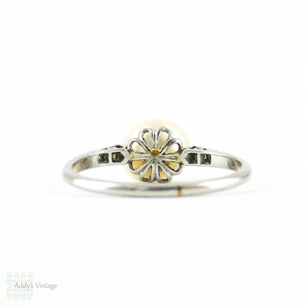 Antique Pearl & Diamond Engagement Ring. Edwardian Platinum Set White Cultured Pearl Ring. Circa 1900s.