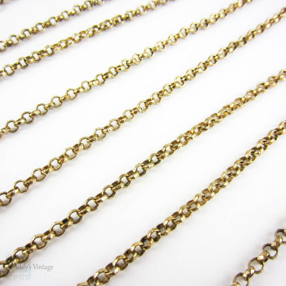 Antique Rolled Gold Long Guard Chain, Victorian Belcher Style Link Faceted Design. Large Spring Bolt Clasp & Dog Clip Fastener, Circa 1880s.