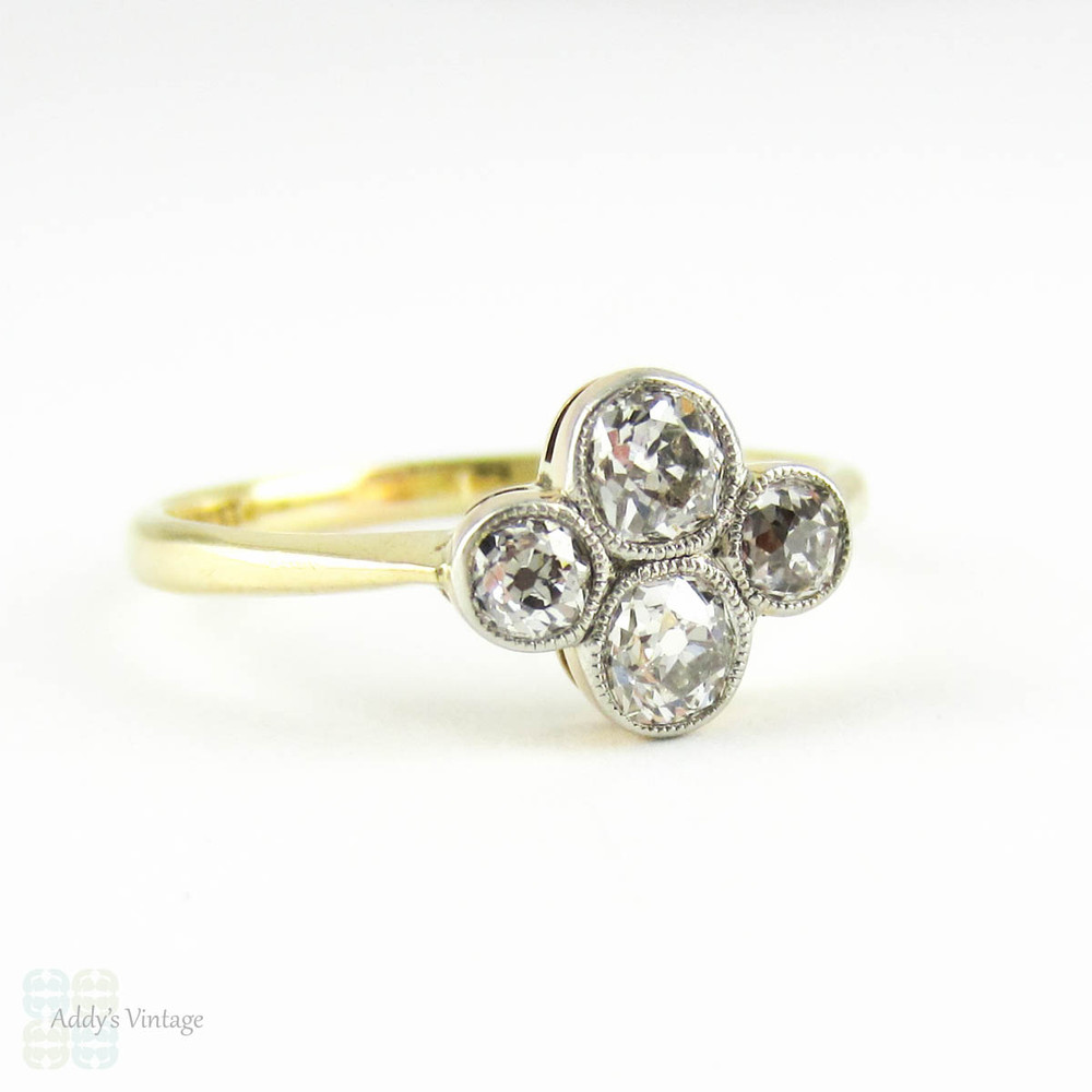 Old Mine Cut Diamond Ring, Antique Quatrefoil Four Stone Diamond Ring. Bezel Set 18 Carat & Platinum, 0.51 ctw, Circa 1900s.