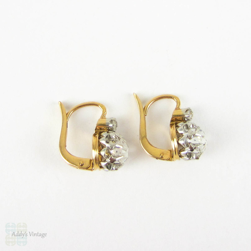 Antique Paste Dangle Earrings, Old Cut Glass Paste Double Drop Dormeuse Earrings in 18 Carat Gold, Circa 1910s.