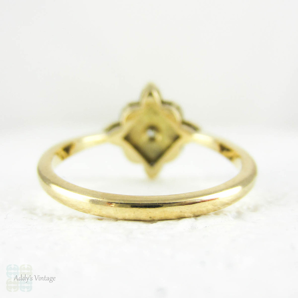 Art Deco Diamond Engagement Ring. Square Shaped, Milgrain Lined, Scallop Edge Cluster Ring in Yellow Gold & Platinum, Circa 1920s.