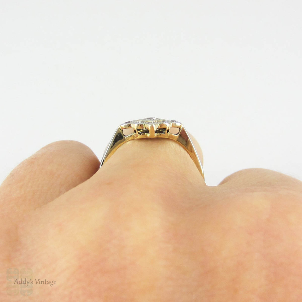 Art Deco Diamond Engagement Ring. Square Shaped, Milgrain Lined, Scallop Edge Cluster Ring in Yellow Gold & Platinum, Circa 1920s.