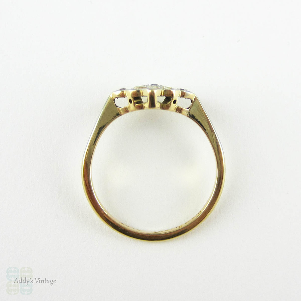 Art Deco Diamond Engagement Ring. Square Shaped, Milgrain Lined, Scallop Edge Cluster Ring in Yellow Gold & Platinum, Circa 1920s.
