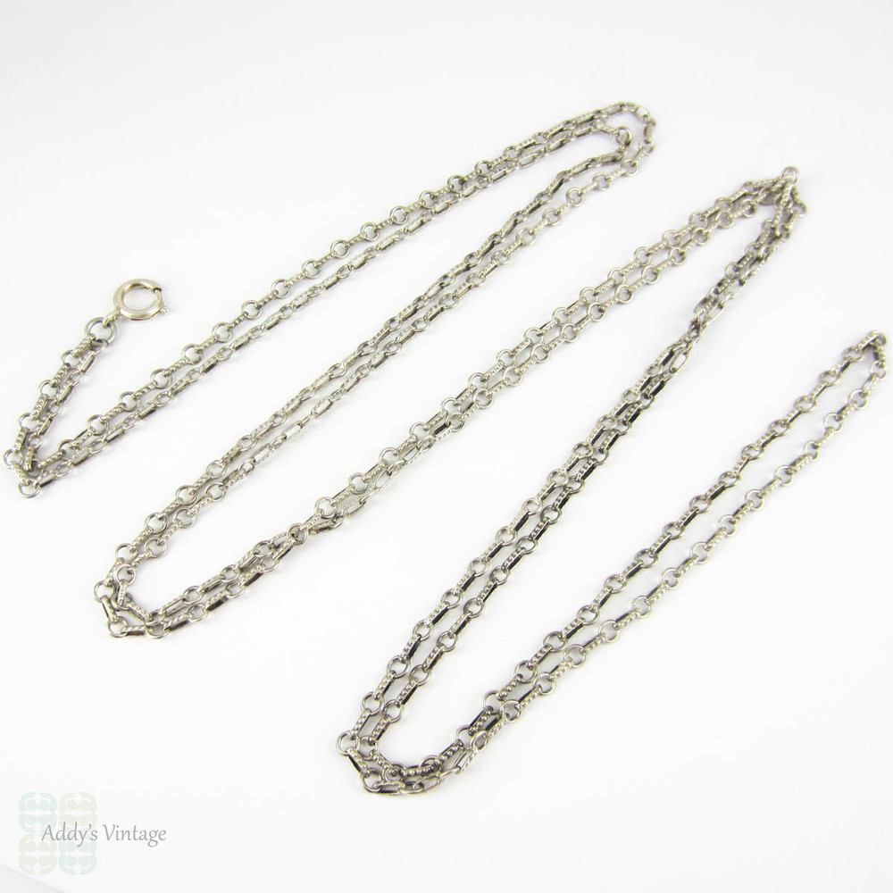 Vintage Silver Long Guard Chain, Fancy Link Early 20th Century Sterling Silver Necklace for Pendants. 140 cm / 55 inches, 16.8 grams.
