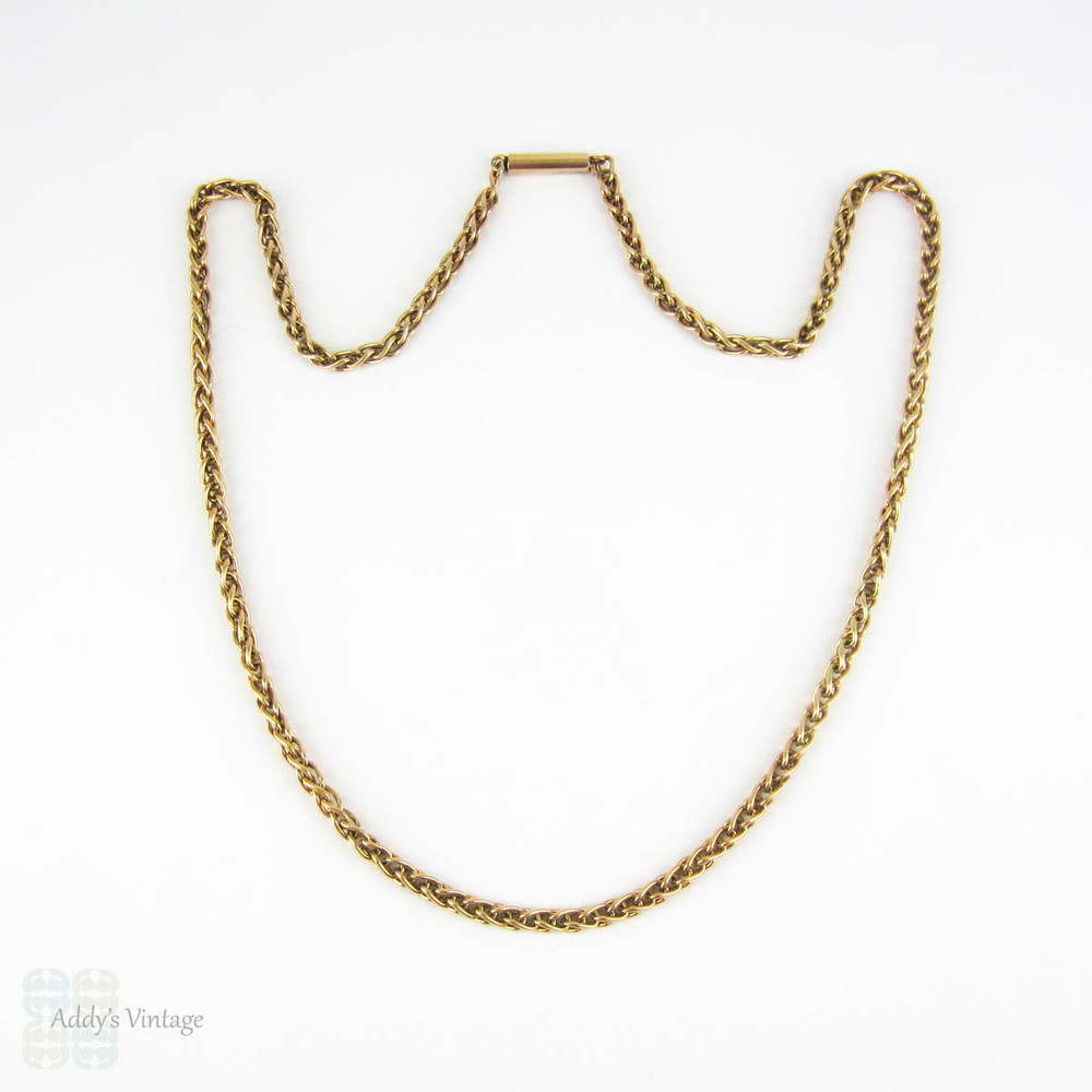 Antique Yellow Gold Chain, Heavy 9 Carat Woven Wheat Link Style Chain Necklace. Early 20th Century, 46.5 cm / 18.3 inches, 7.3 grams.