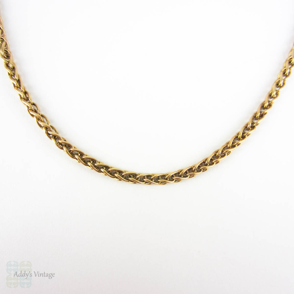 Antique Yellow Gold Chain, Heavy 9 Carat Woven Wheat Link Style Chain Necklace. Early 20th Century, 46.5 cm / 18.3 inches, 7.3 grams.