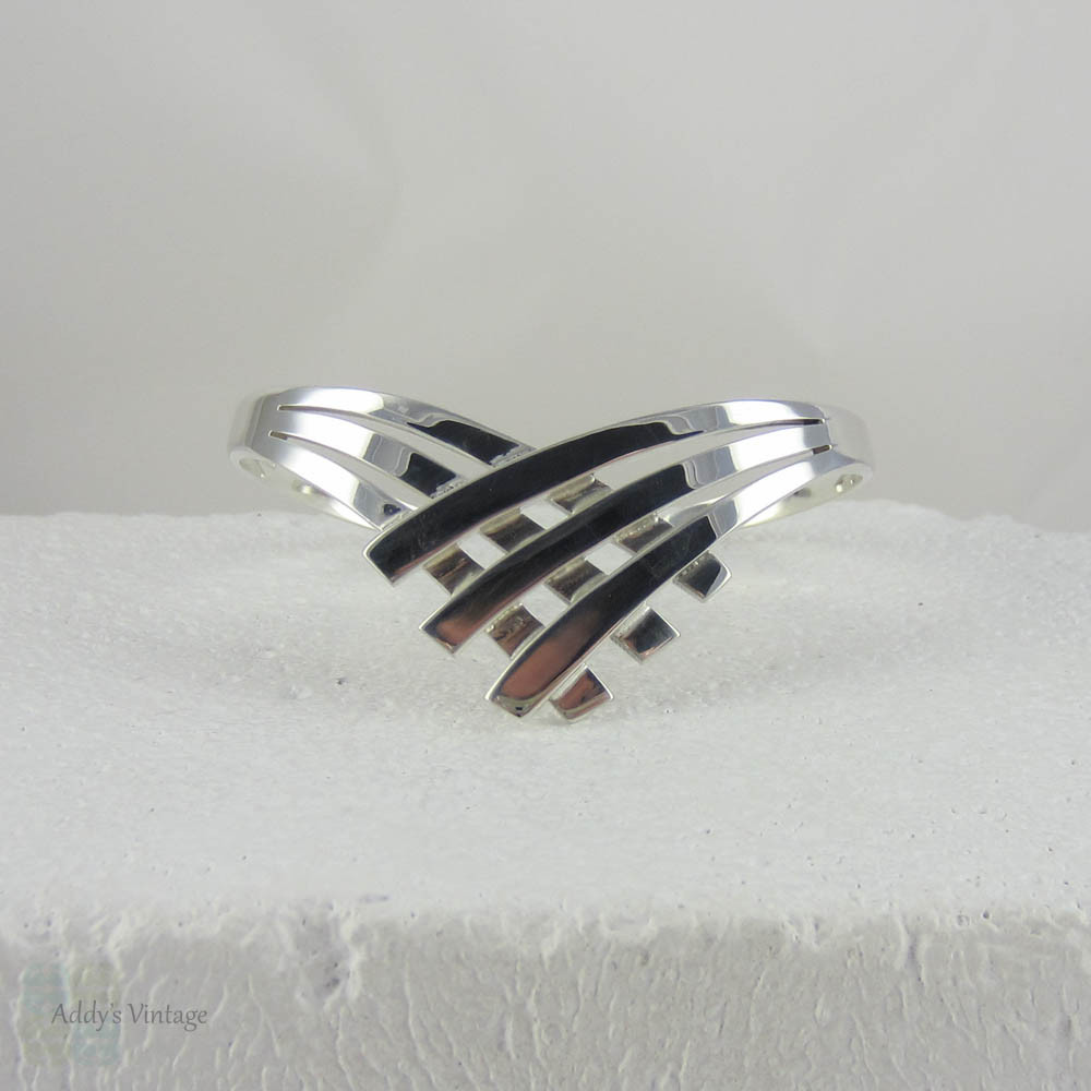 Striking Sterling Silver Cuff Bracelet with Curved Split Design. Shiny Bright Silver Vintage Bracelet.