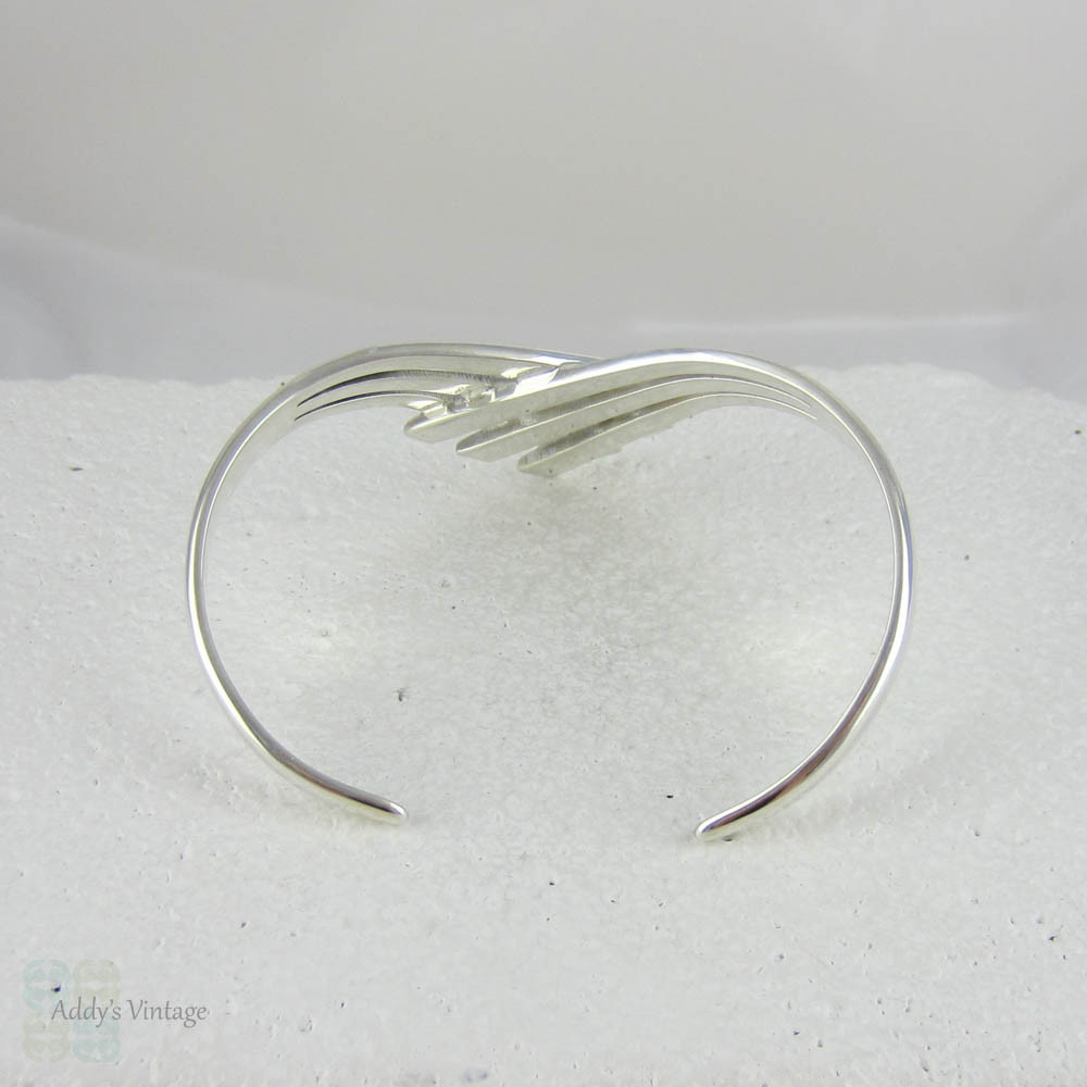Striking Sterling Silver Cuff Bracelet with Curved Split Design. Shiny Bright Silver Vintage Bracelet.