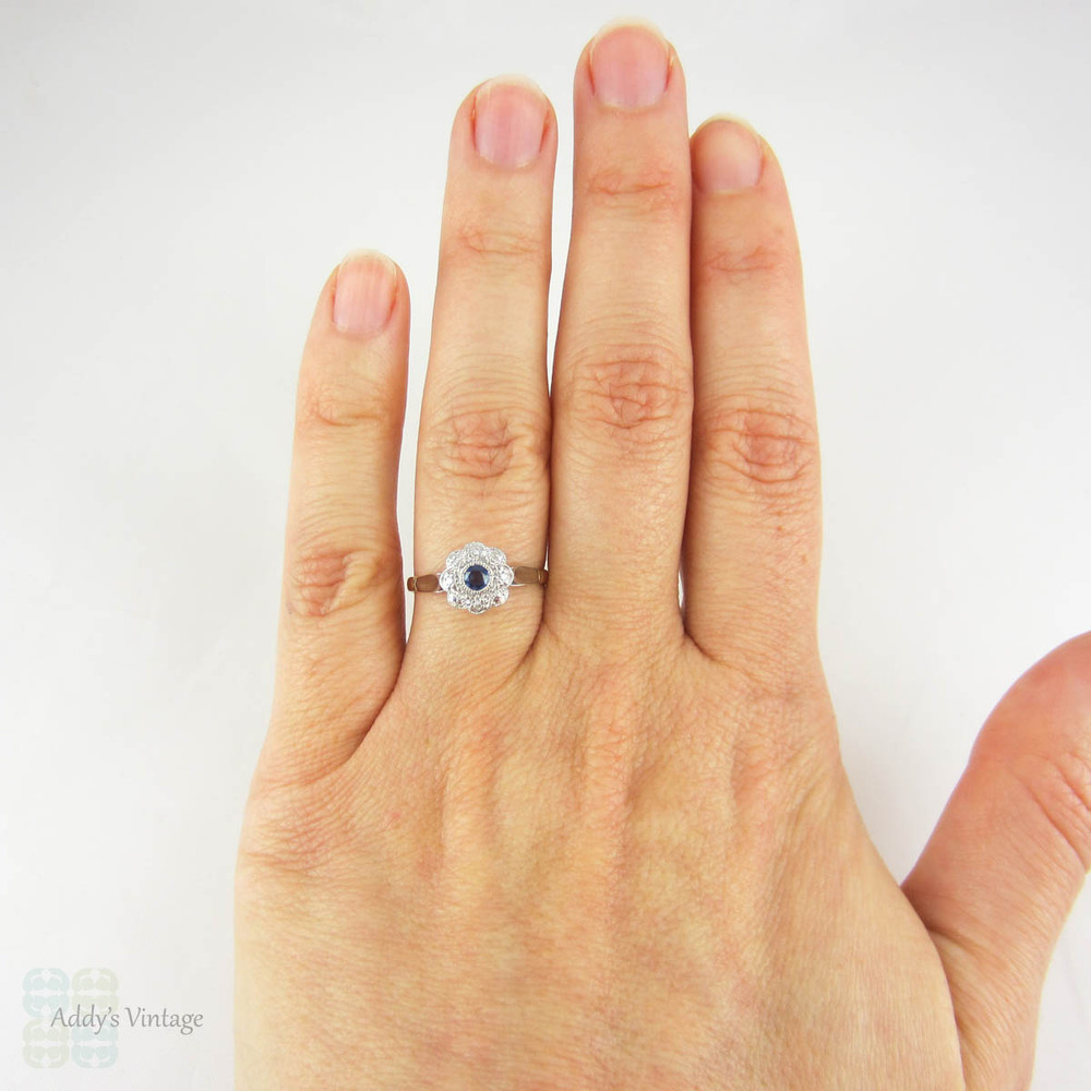 Sapphire & Diamond Daisy Engagement Ring, Blue Sapphire in Floral Shape Diamond Halo with Milgrain. Circa 1930s, 18ct & Platinum.