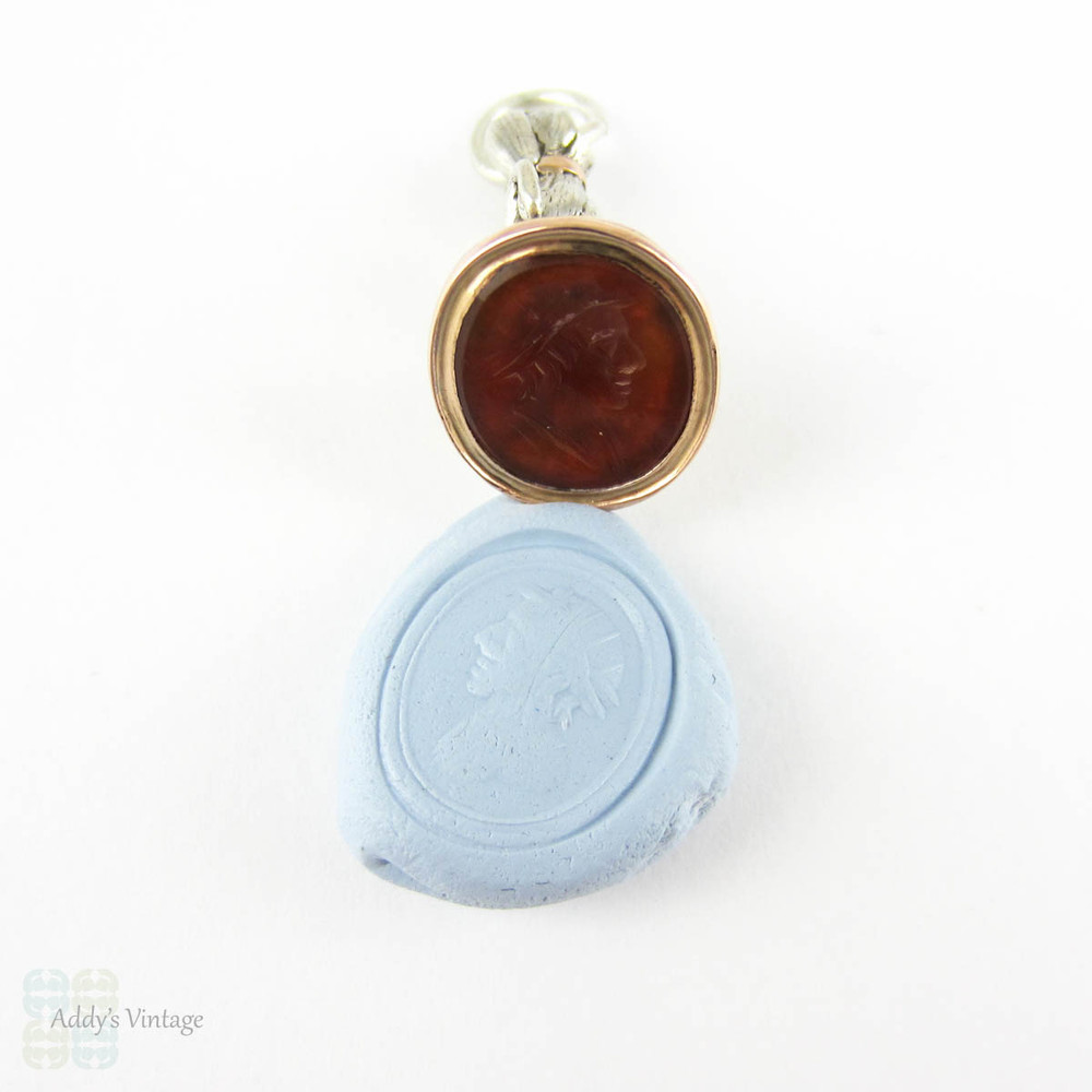 Antique Carnelian Seal, Georgian Dog Design in Sterling Silver with 15 Carat Rose Gold Collar & Base. Carnelian Intaglio, Circa 1800s.