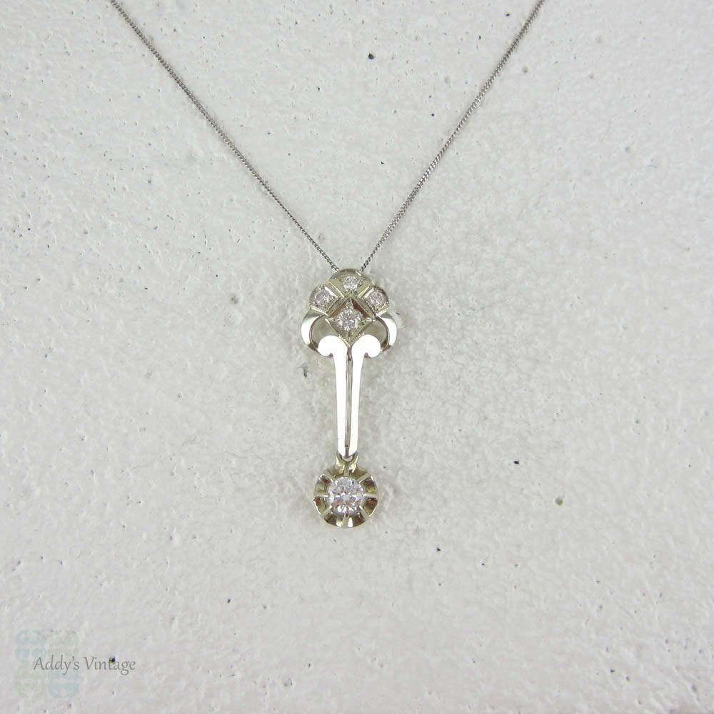 Art Deco Diamond Pendant. Fench Geometric Design White Gold Diamond Necklace, Circa 1920s.