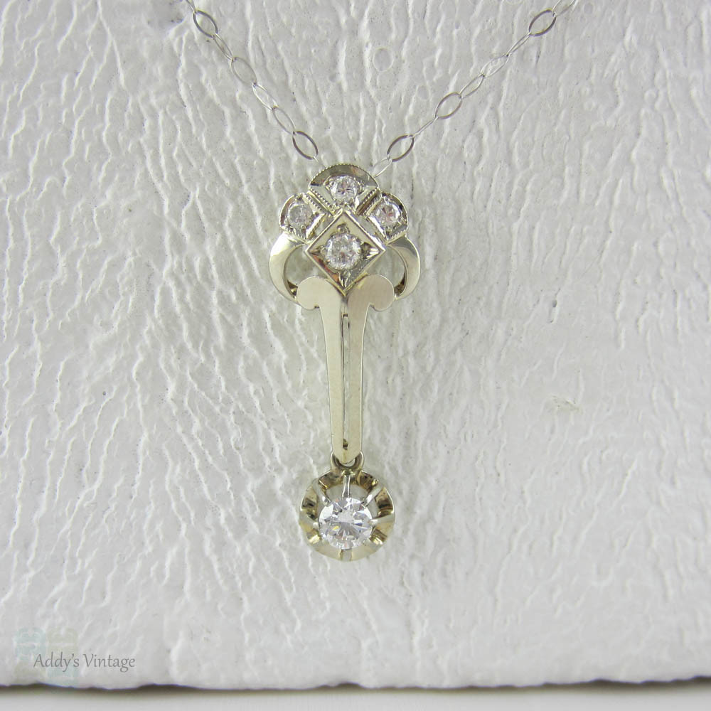 Art Deco Diamond Pendant. Fench Geometric Design White Gold Diamond Necklace, Circa 1920s.