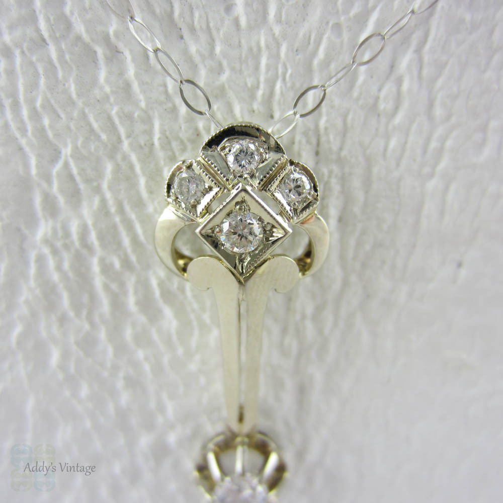 Art Deco Diamond Pendant. Fench Geometric Design White Gold Diamond Necklace, Circa 1920s.