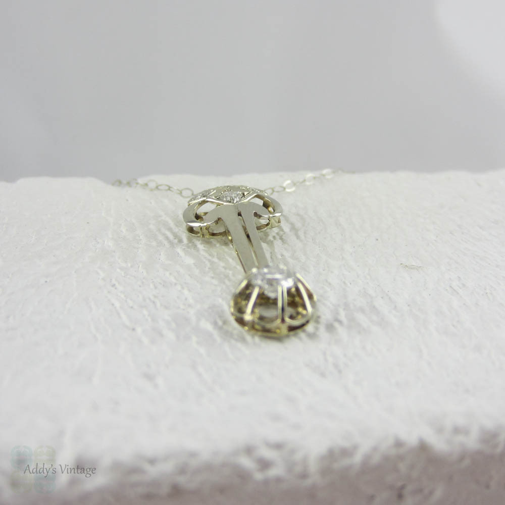 Art Deco Diamond Pendant. Fench Geometric Design White Gold Diamond Necklace, Circa 1920s.