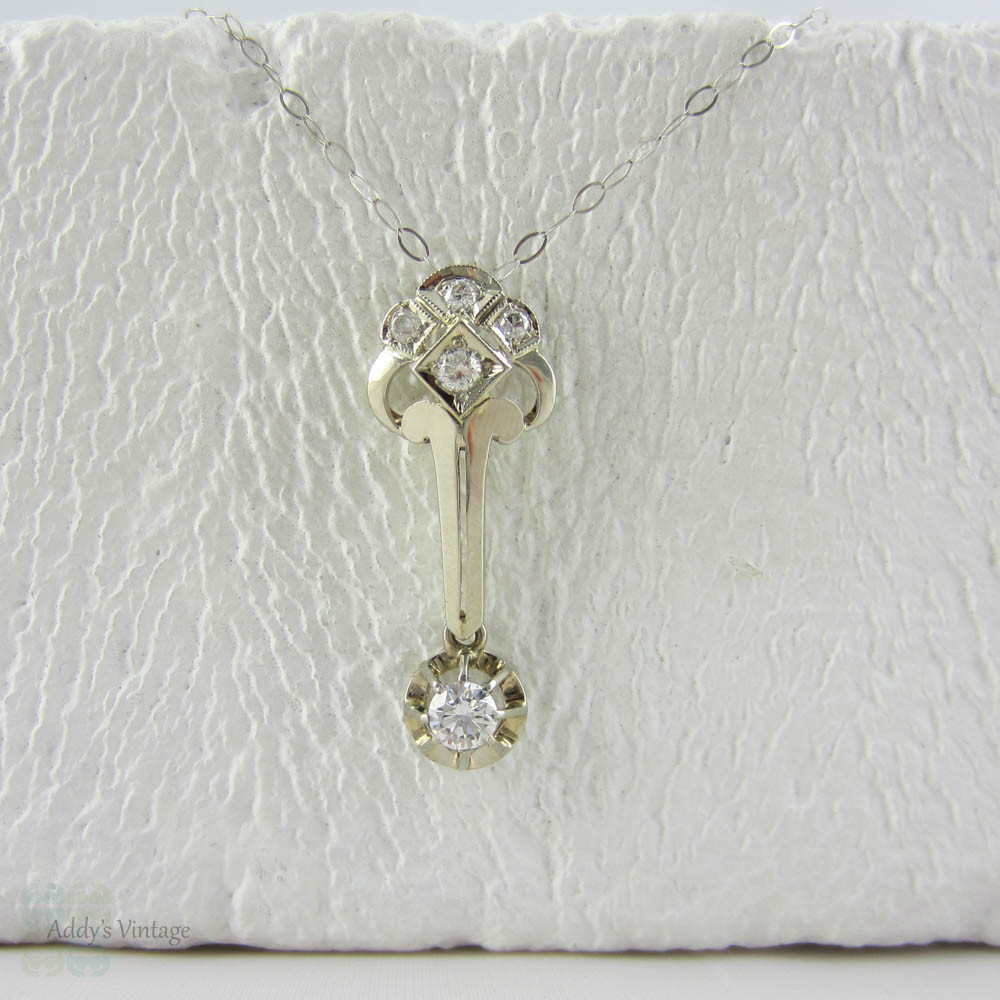 Art Deco Diamond Pendant. Fench Geometric Design White Gold Diamond Necklace, Circa 1920s.