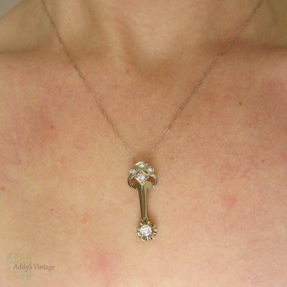 Art Deco Diamond Pendant. Fench Geometric Design White Gold Diamond Necklace, Circa 1920s.