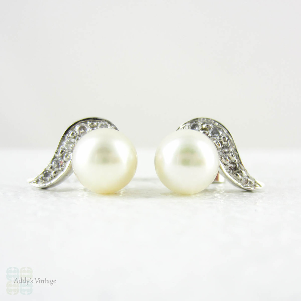 SALE Vintage Pearl & Diamond Earrings in Platinum. Winged Design Diamond Stud Earrings with Cultured Pearls in Platinum Screw Back Settings.