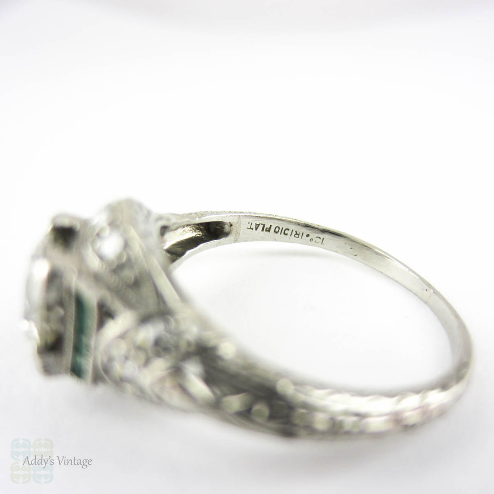 Diamond & Emerald Engagement Ring, Edwardian Platinum Filigree with Old European & French Cut Gemstones. Circa 1910s.