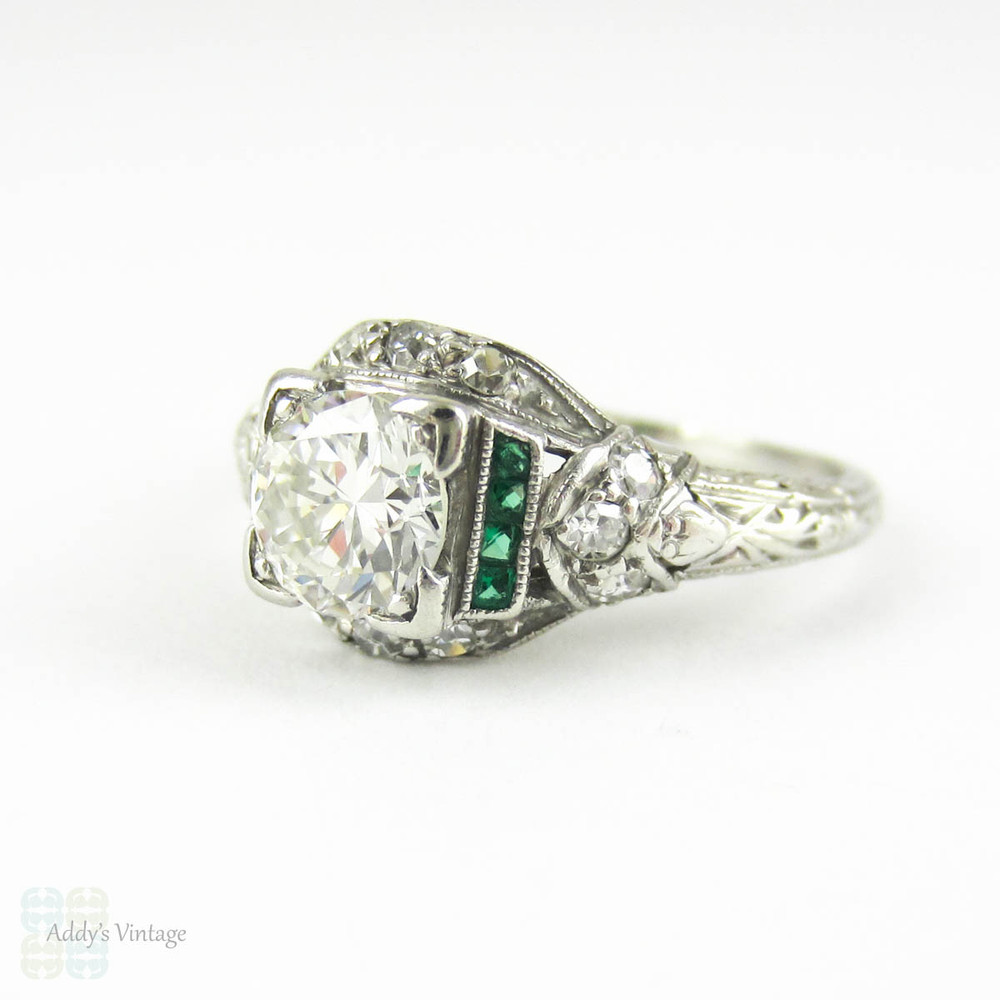 Diamond & Emerald Engagement Ring, Edwardian Platinum Filigree with Old European & French Cut Gemstones. Circa 1910s.