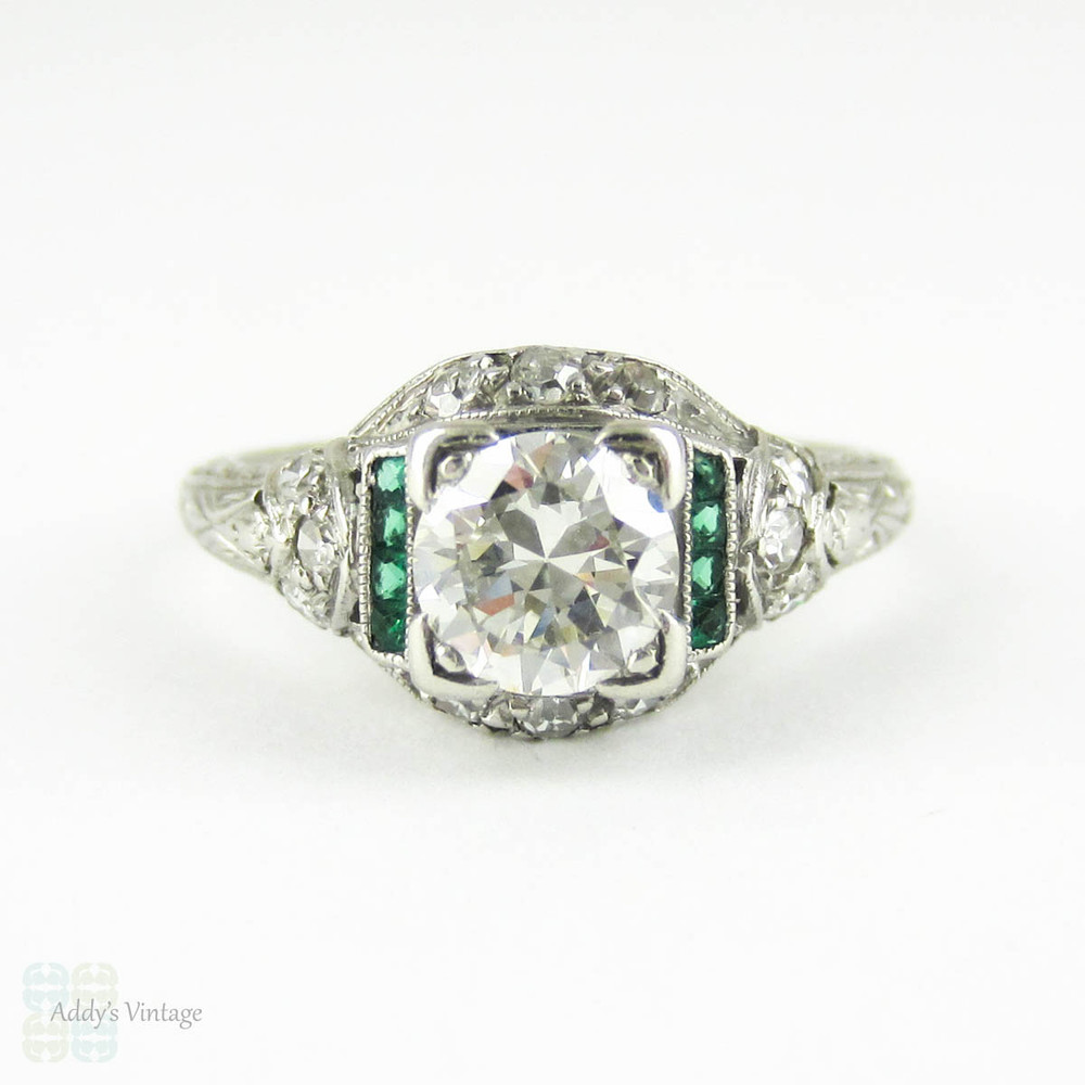 Diamond & Emerald Engagement Ring, Edwardian Platinum Filigree with Old European & French Cut Gemstones. Circa 1910s.