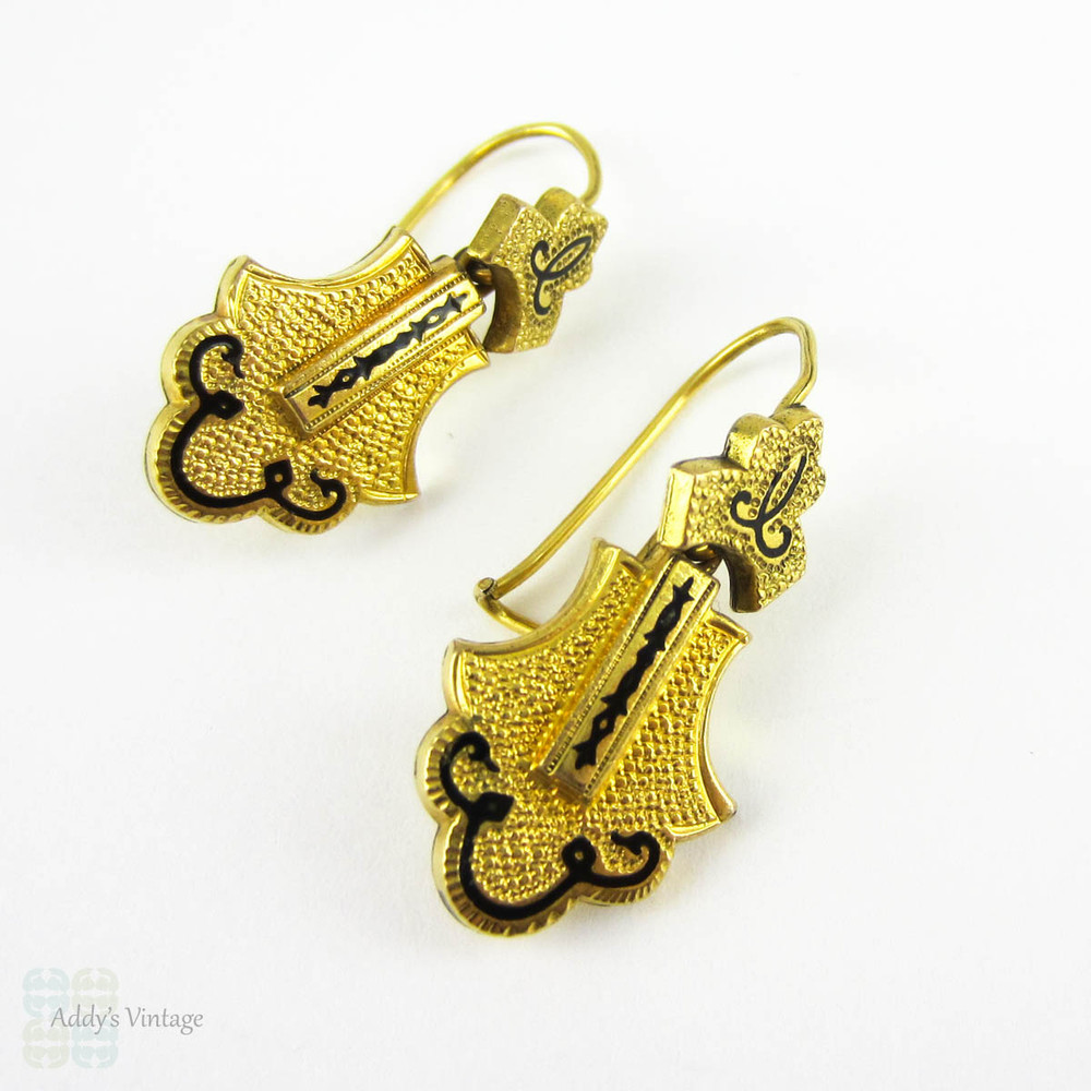 Victorian Memorial Earrings, Antique 18 Carat Gold Filled Earrings with Black Enamel. Textured Detail Dangle Earrings, Circa 1870s.
