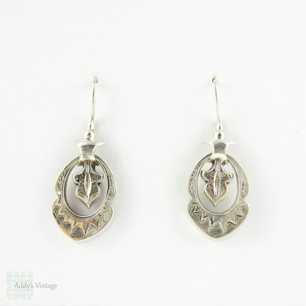 Victorian Aesthetic Movement Earrings, Antique Sterling Silver Geometric Design Dangle Earrings with Moveable Drops, Circa 1880s.
