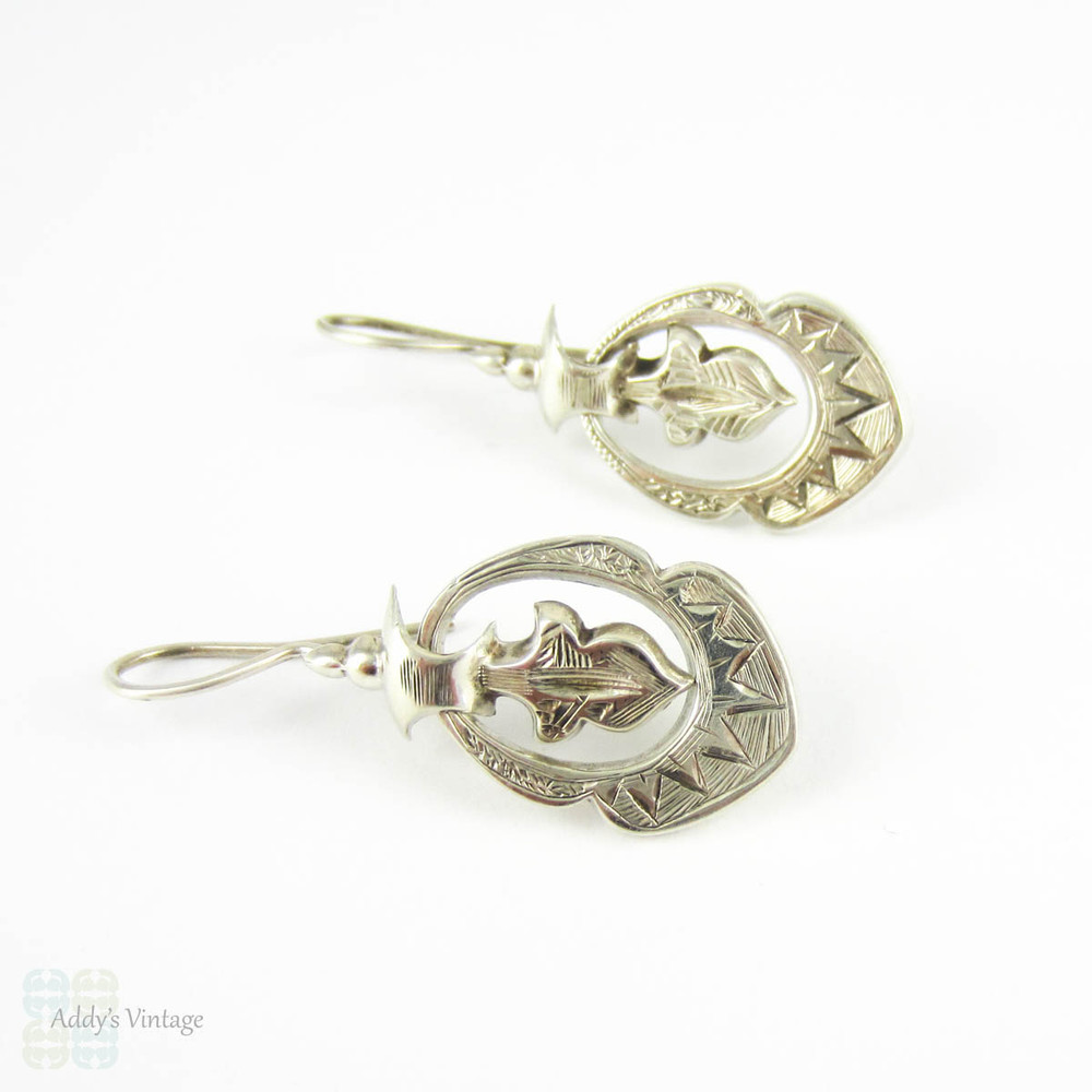 Victorian Aesthetic Movement Earrings, Antique Sterling Silver Geometric Design Dangle Earrings with Moveable Drops, Circa 1880s.